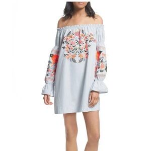 Free People Embroidered Off-Shoulder Dress - Light Blue